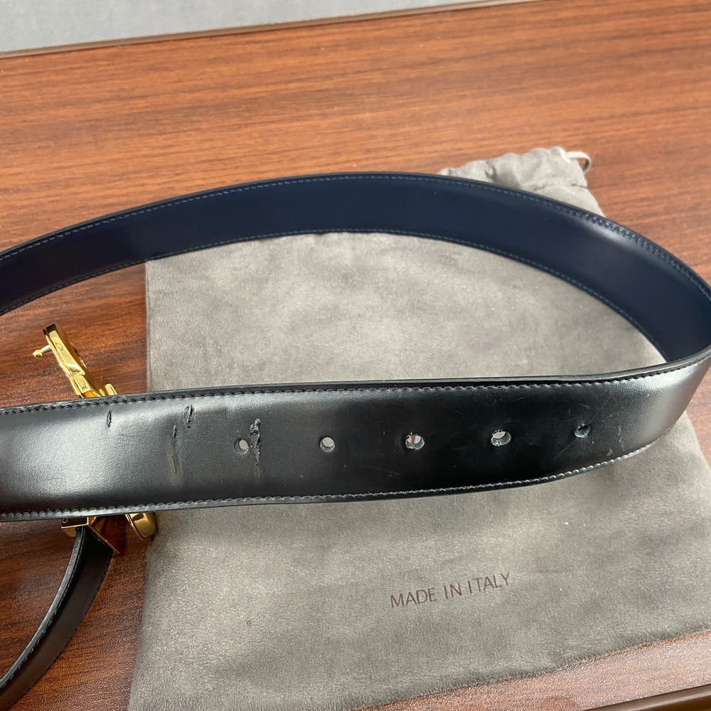 Salvatore Ferragamo Gancini Belt Mens 33 Black Calfskin Gold Tone Buckle 5 Hole - Picture 7 of 14